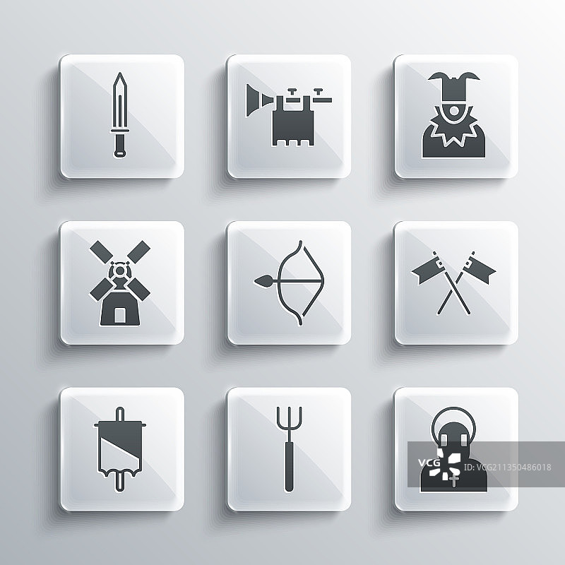 园艺叉、僧侣与中世纪旗帜组合图片素材