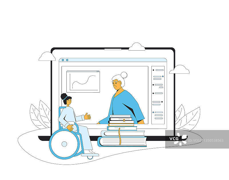 坐轮椅的女孩在线上课图片素材