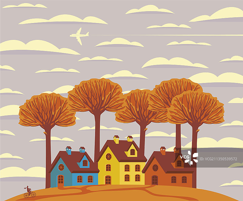 充满欢快房屋和树木的秋季景观图片素材