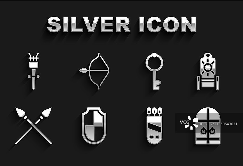 盾牌、中世纪王座、城堡大门和箭袋图标图片素材