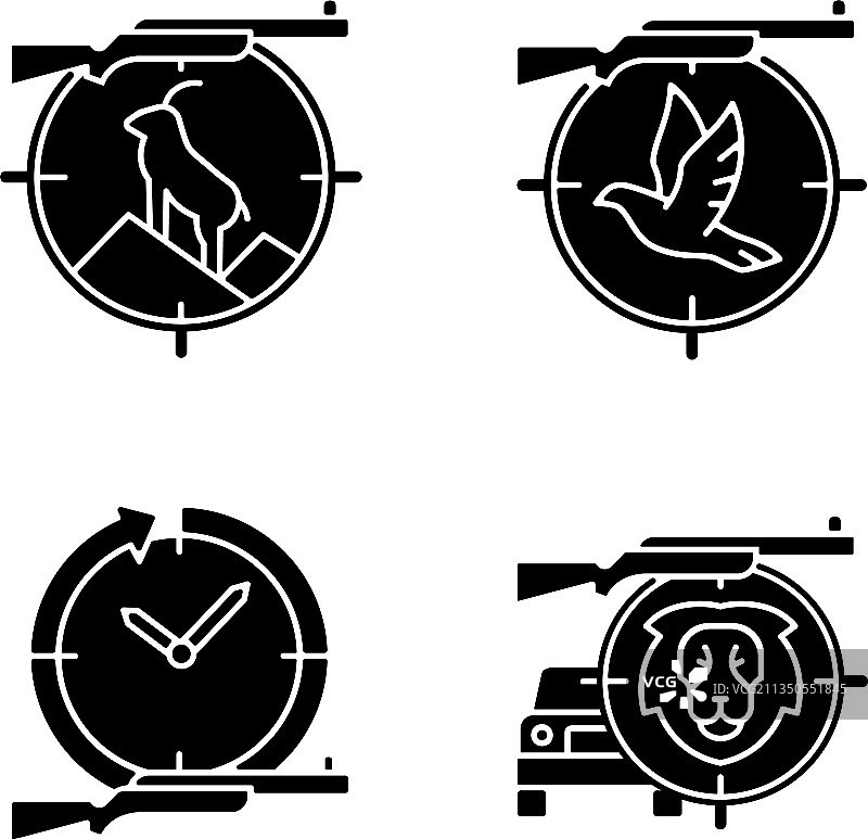 白色背景上的狩猎类型黑色轮廓图标集图片素材