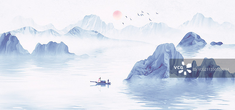 新中式蓝色意境山水画图片素材