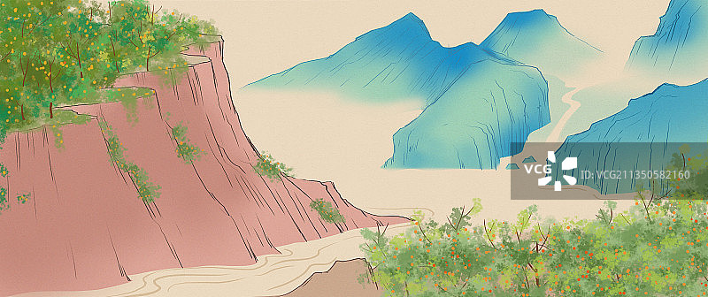 中国风新中式长江三峡宜昌秋天橘子成熟青绿山水画背景插画图片素材