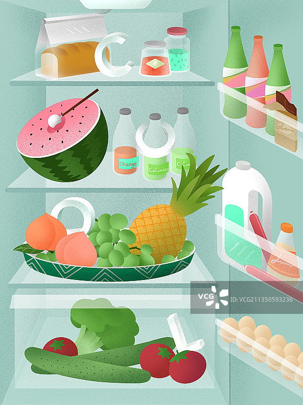 扁平插画-家居生活冰箱水果蔬菜图片素材