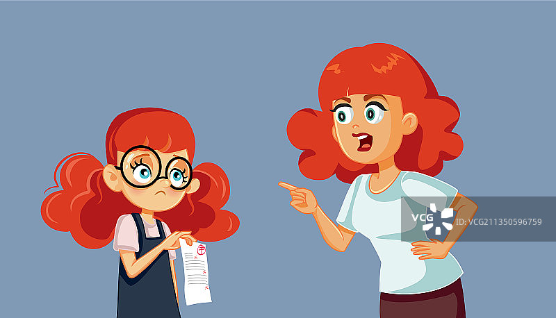 愤怒的妈妈责骂成绩不好的女儿（卡通）图片素材