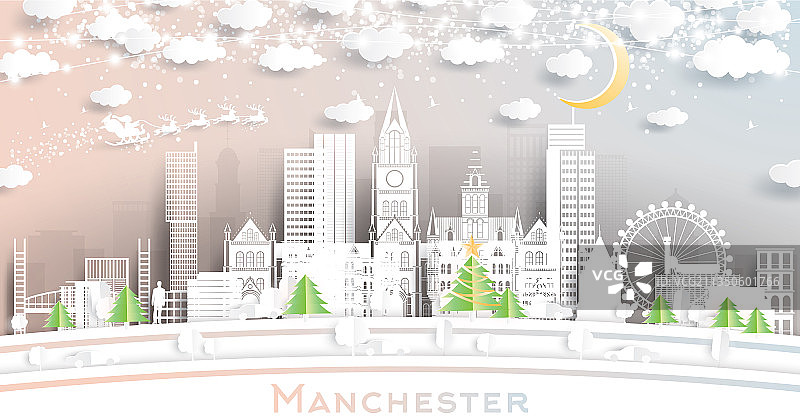 英国曼彻斯特城市天际线剪纸风格图片素材