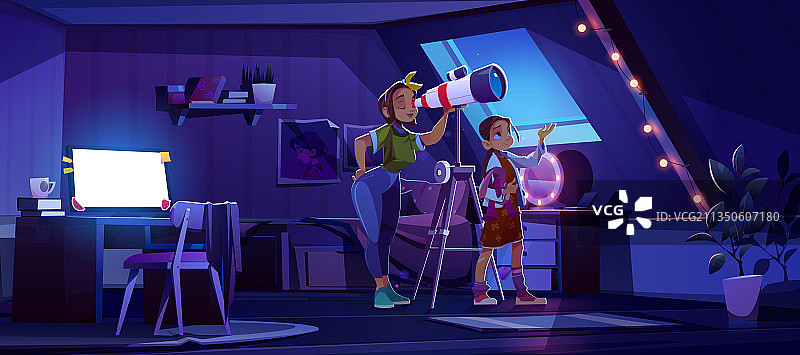 母女在阁楼里用望远镜观看图片素材