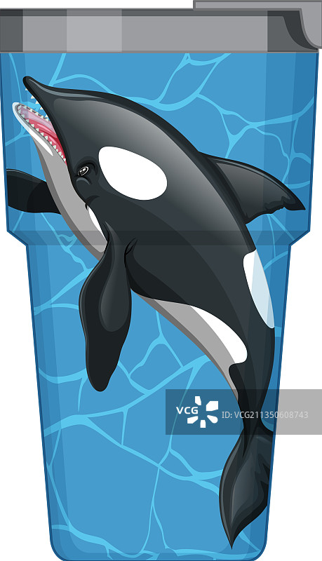 带虎鲸图案的蓝色保温瓶图片素材