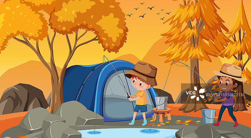 秋季森林景色：两个孩子在钓鱼图片素材