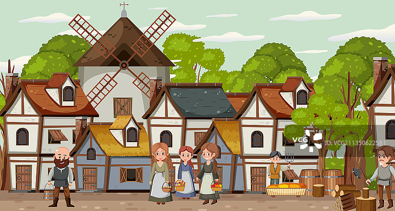 有村民的中世纪城镇场景图片素材