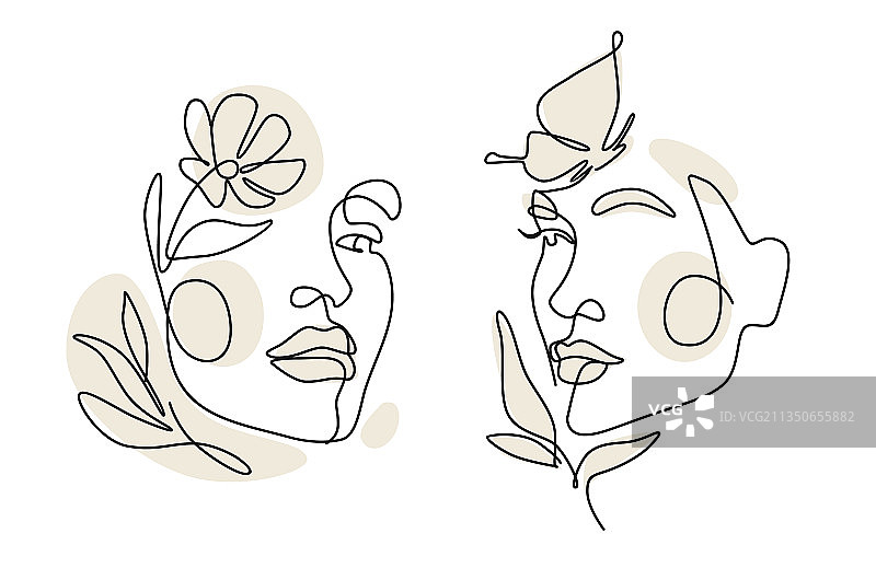 女性面部与树叶的单线艺术图片素材