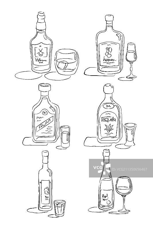 朗姆酒、龙舌兰酒、伏特加、葡萄酒和威士忌酒瓶图片素材