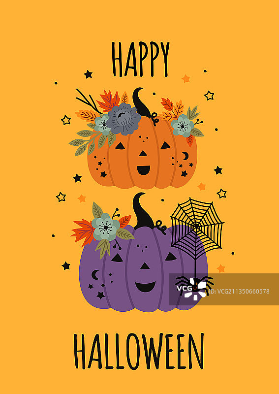 带有南瓜和蜘蛛的可爱万圣节海报图片素材