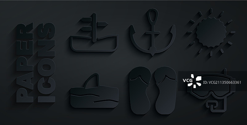 人字拖鞋、太阳、鲨鱼鳍和海浪图片素材