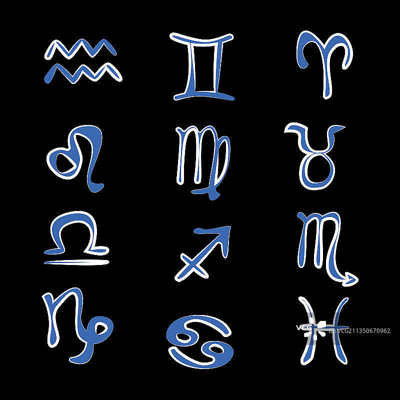 星座图标合集：黑色背景上的12个白色符号图片素材