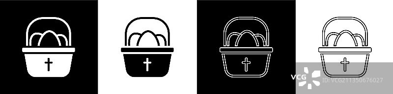 黑色背景上带复活节彩蛋的篮子图标套装图片素材