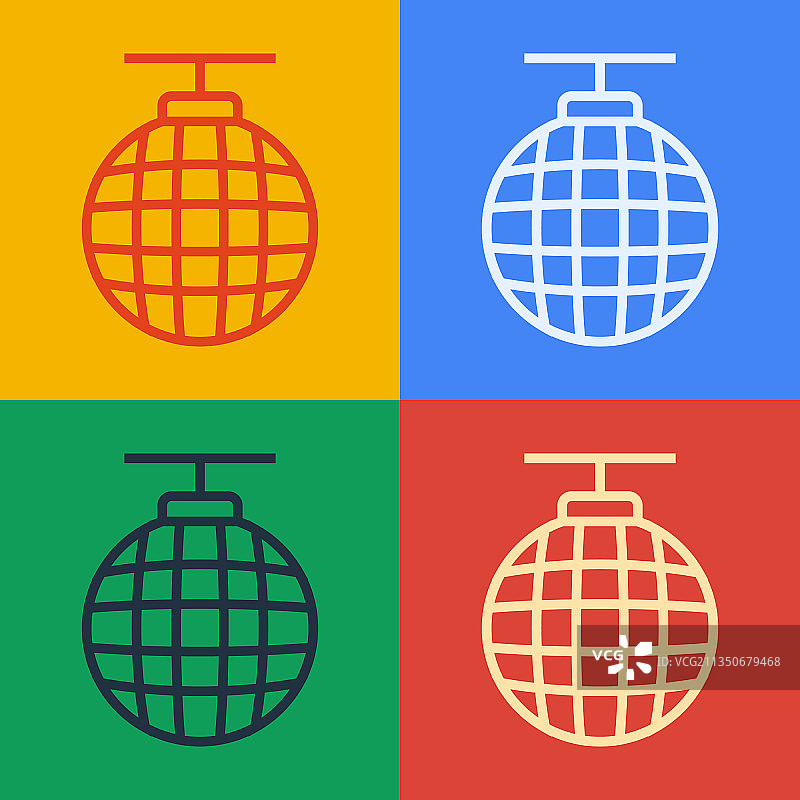 彩色背景上的波普艺术线条迪斯科舞厅球图标图片素材