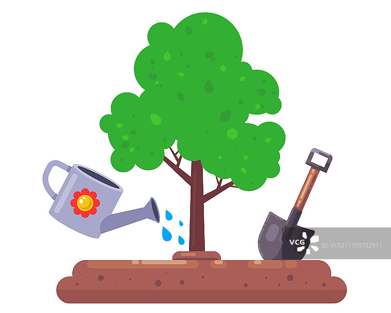 在自然环境中种植树木，铁锹和喷壶图片素材
