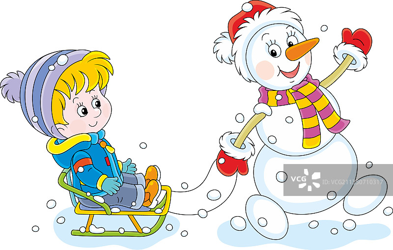有趣的雪人拉着快乐的小男孩图片素材