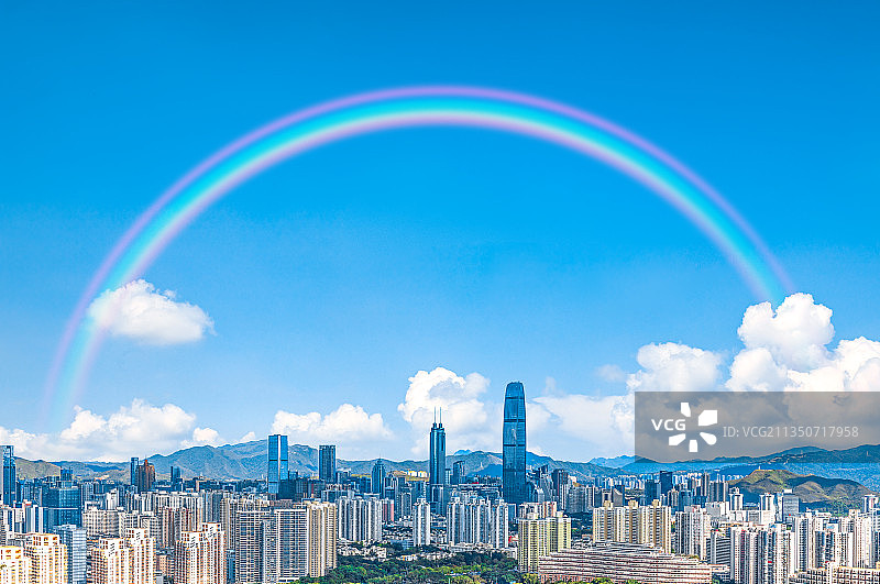 蓝天白云彩虹深圳城市建筑图片素材