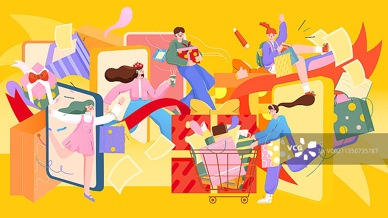 人们用手机快乐线上消费购物矢量插画横图图片素材