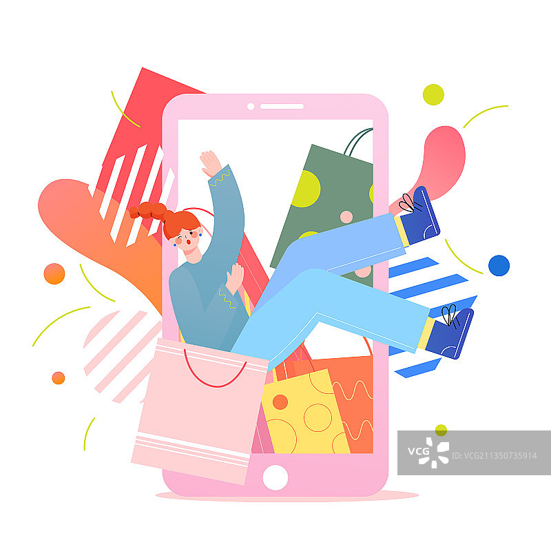 时尚女孩在手机里快乐的购物矢量插画图片素材