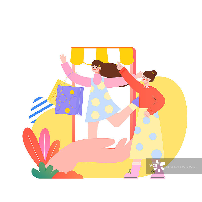 女孩在手机里快乐的购物矢量插画图片素材
