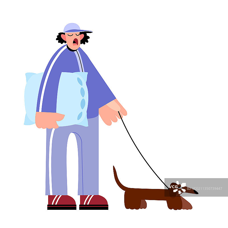 清晨散步时打呵欠的腊肠犬男人图片素材