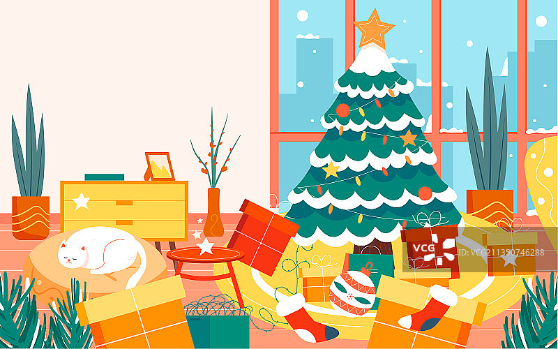 圣诞节快乐人物插画平安夜装饰圣诞树海报图片素材