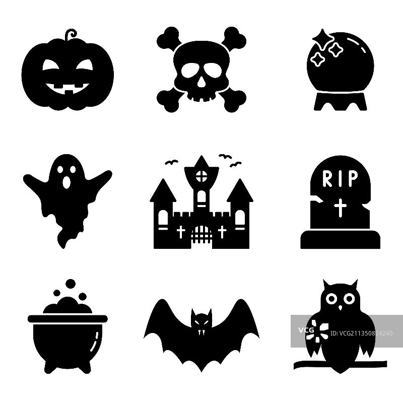 万圣节恐怖黑色剪影图标合集图片素材