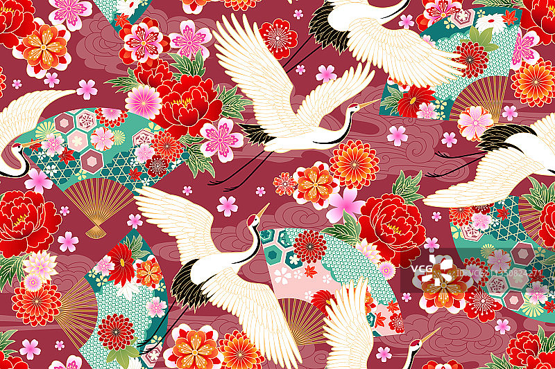 仙鹤与花卉主题无缝图案图片素材