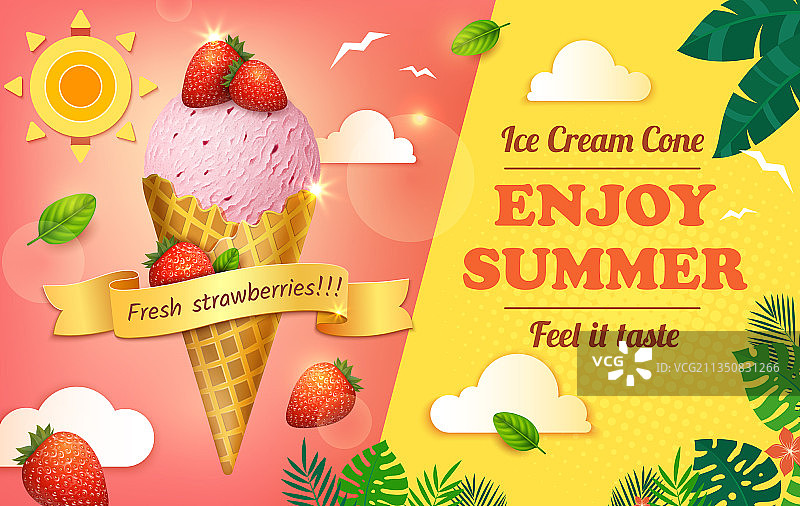 逼真细节3D草莓冰淇淋图片素材