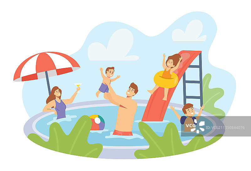 幸福家庭在泳池休息图片素材