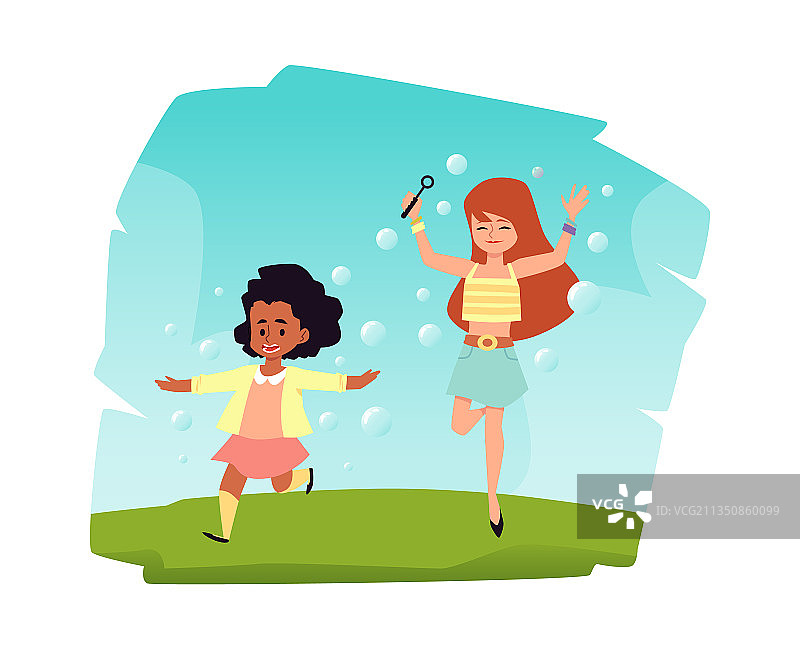 快乐的儿童女孩吹肥皂泡扁平风格图片素材