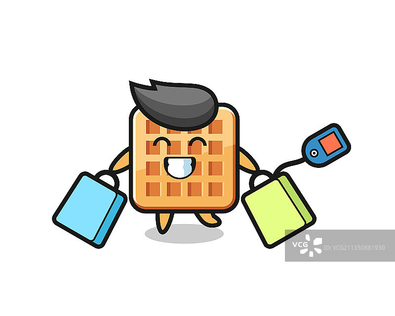 拿着购物袋的华夫饼吉祥物卡通形象图片素材