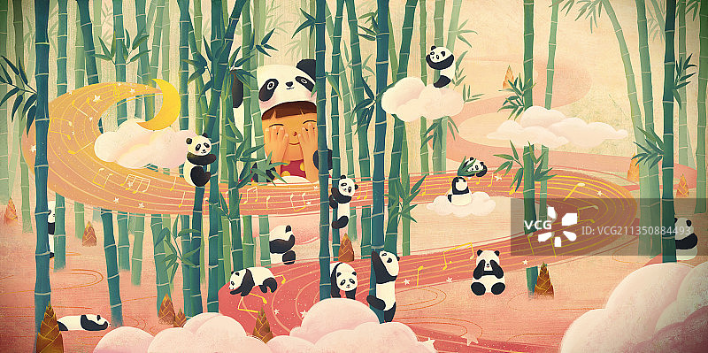 熊猫 女孩 竹林捉迷藏图片素材