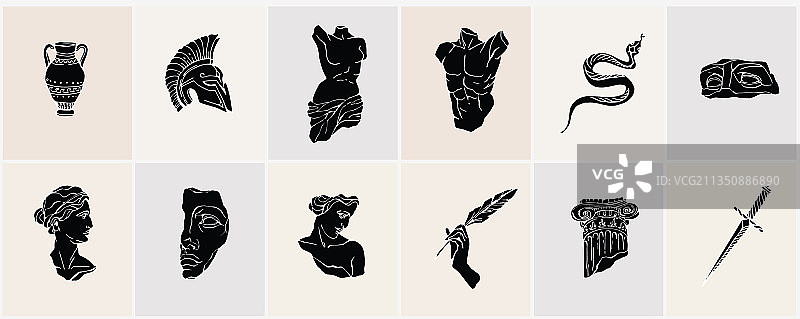 带有破损元素的古董大理石雕像套装图片素材