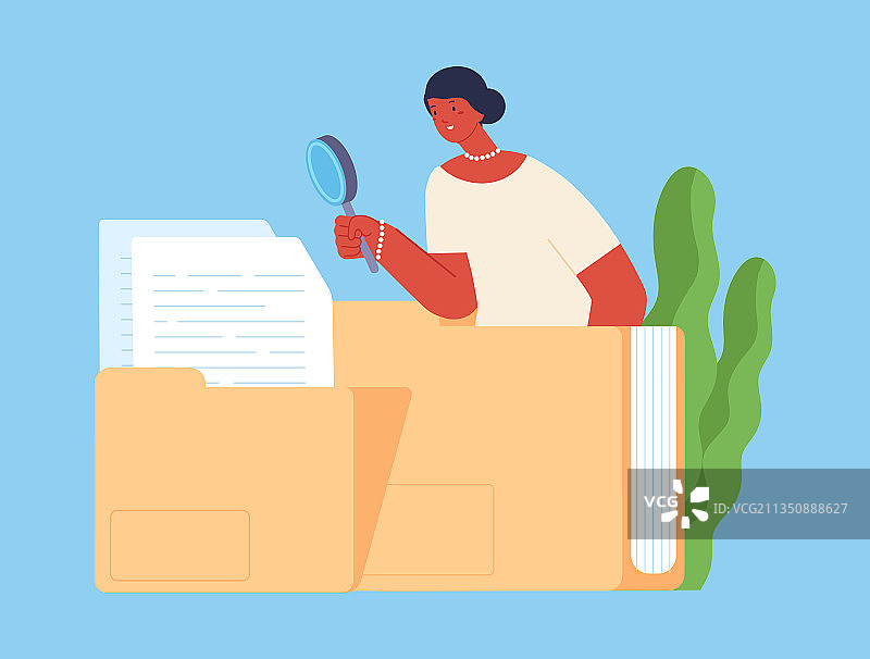办公室女人搜索文件，女孩用放大镜查看图片素材