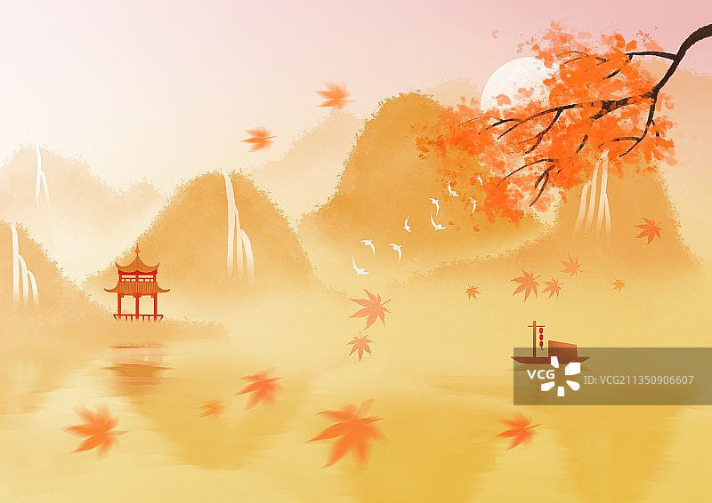 插画,风景,枫叶,立秋,秋天,金黄色,飘落,秋分,旅游目的地图片素材