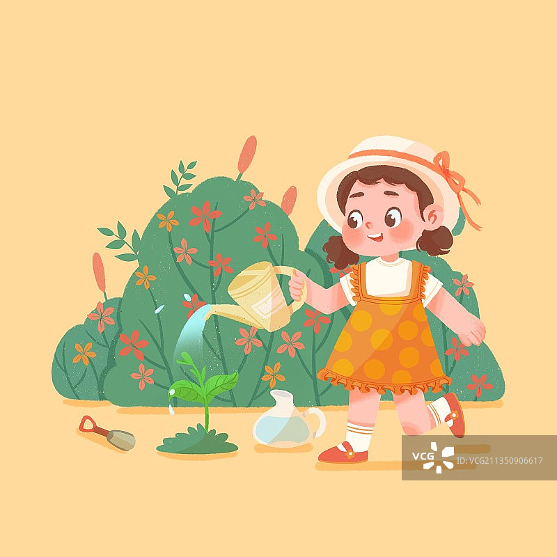 插画,庆祝,可爱的,植树节,卡通,小女孩,小树苗,草丛,图片素材