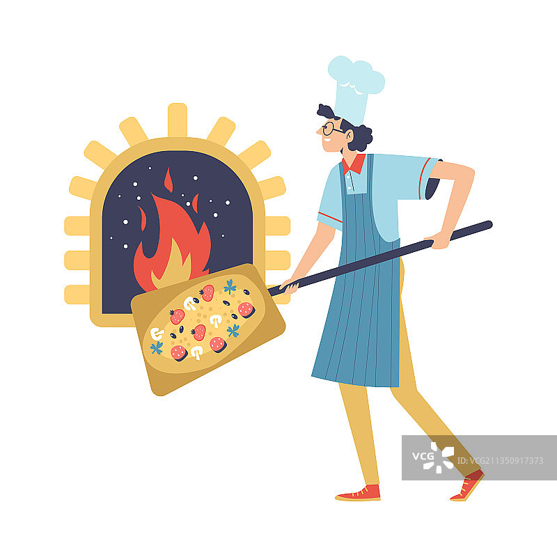 有趣的意大利厨师将披萨放入烤箱图片素材
