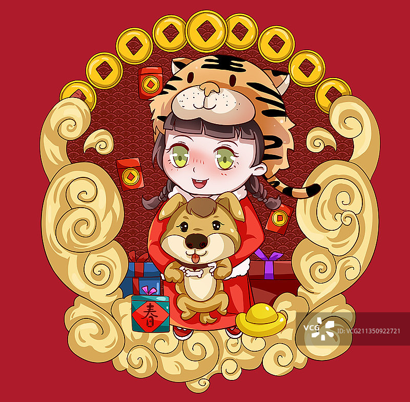 画友帮2022年虎年国潮正月初二回娘家拜神财神铜钱红包传统节日插画图片素材