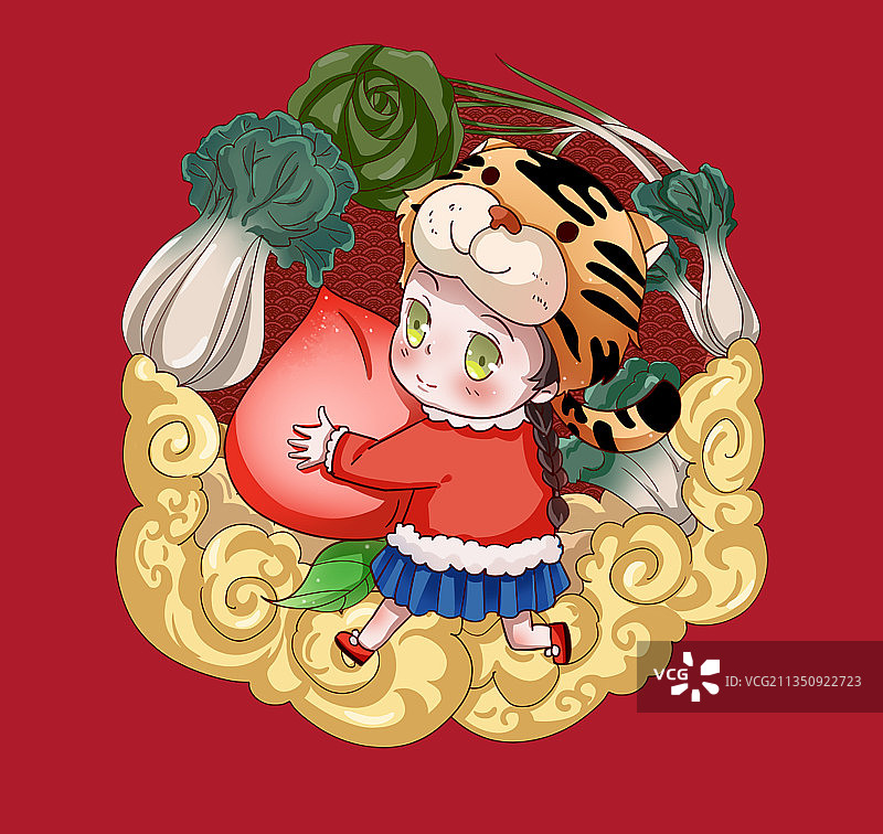 画友帮2022年虎年正月初七仙桃丰收团圆虎年系列日历插画拟人老虎可爱风图片素材