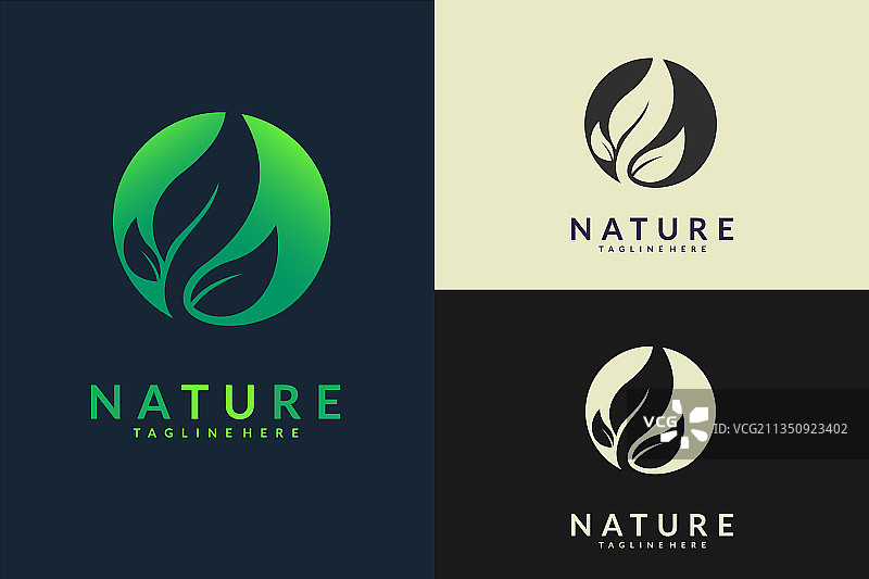 黑色圆圈中孤立的绿色叶子标志设计图片素材