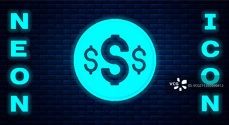 砖墙上的发光霓虹美元符号图标图片素材