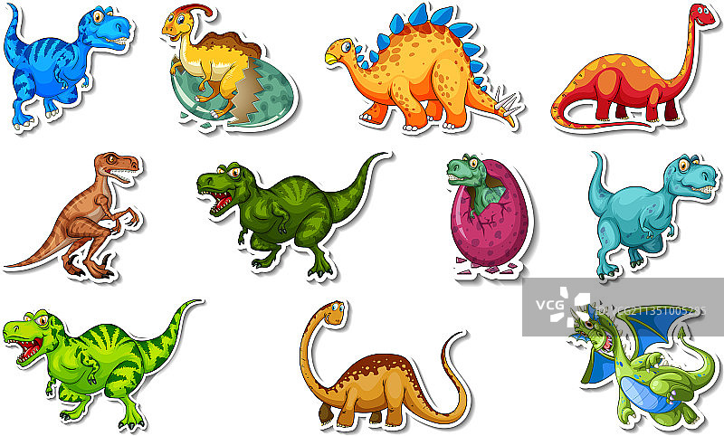 不同类型的恐龙贴纸套装图片素材