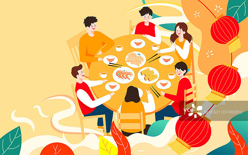 春节家庭聚餐插画一家人吃团圆饭节日海报图片素材