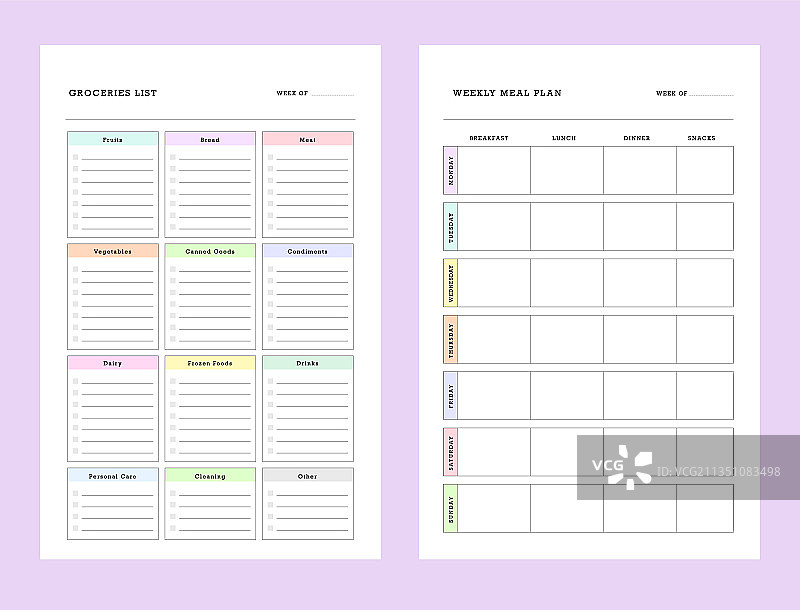 柔和色系的每周膳食计划表打印模板图片素材