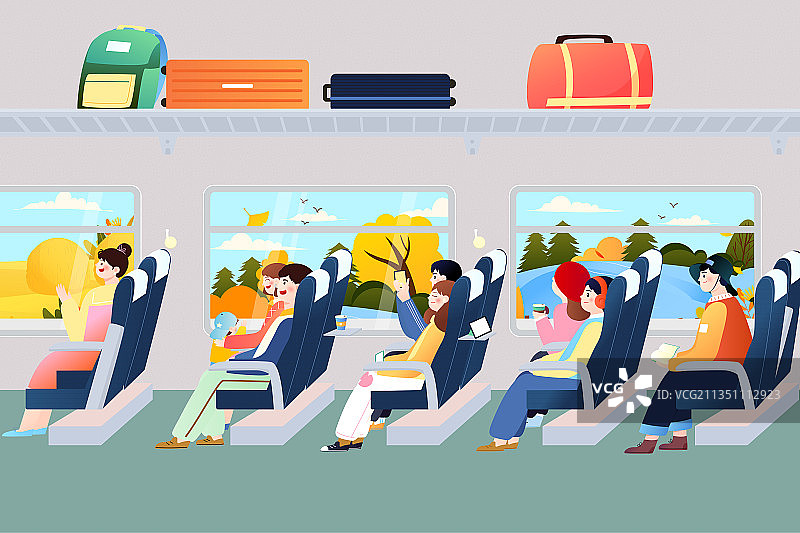 人们坐着高铁去旅行矢量插画横图图片素材