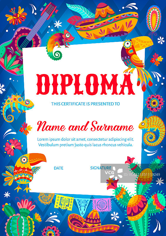 儿童文凭证书与墨西哥帽鲜花图片素材